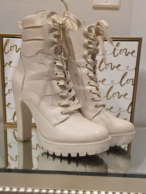 Guess Lace-Up High Heel Combat Boot - Cream